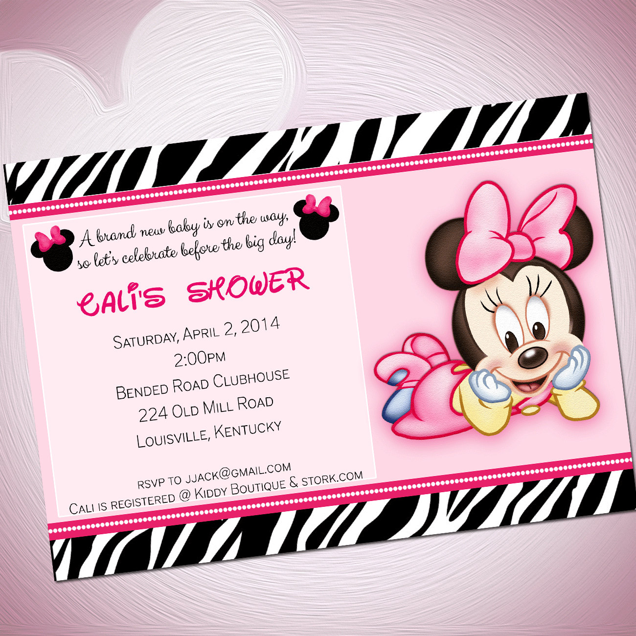 Minnie Mouse Baby Shower Invitations Pink Zebra