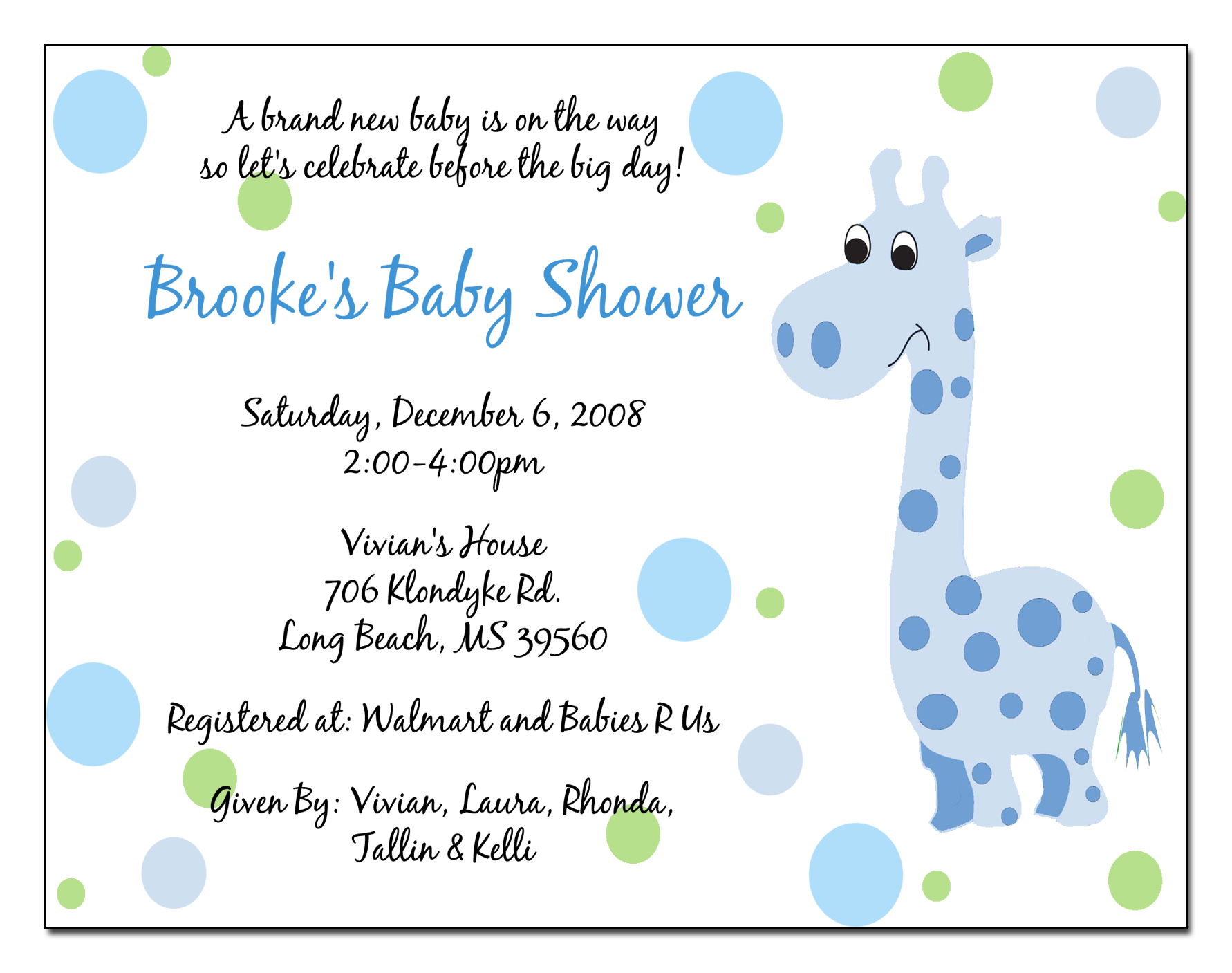 Blue Giraffe Baby Shower Invitation
