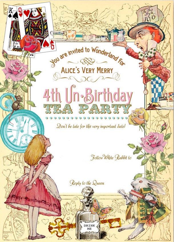 Free Alice in Wonderland 4th Birthday Invitation Template