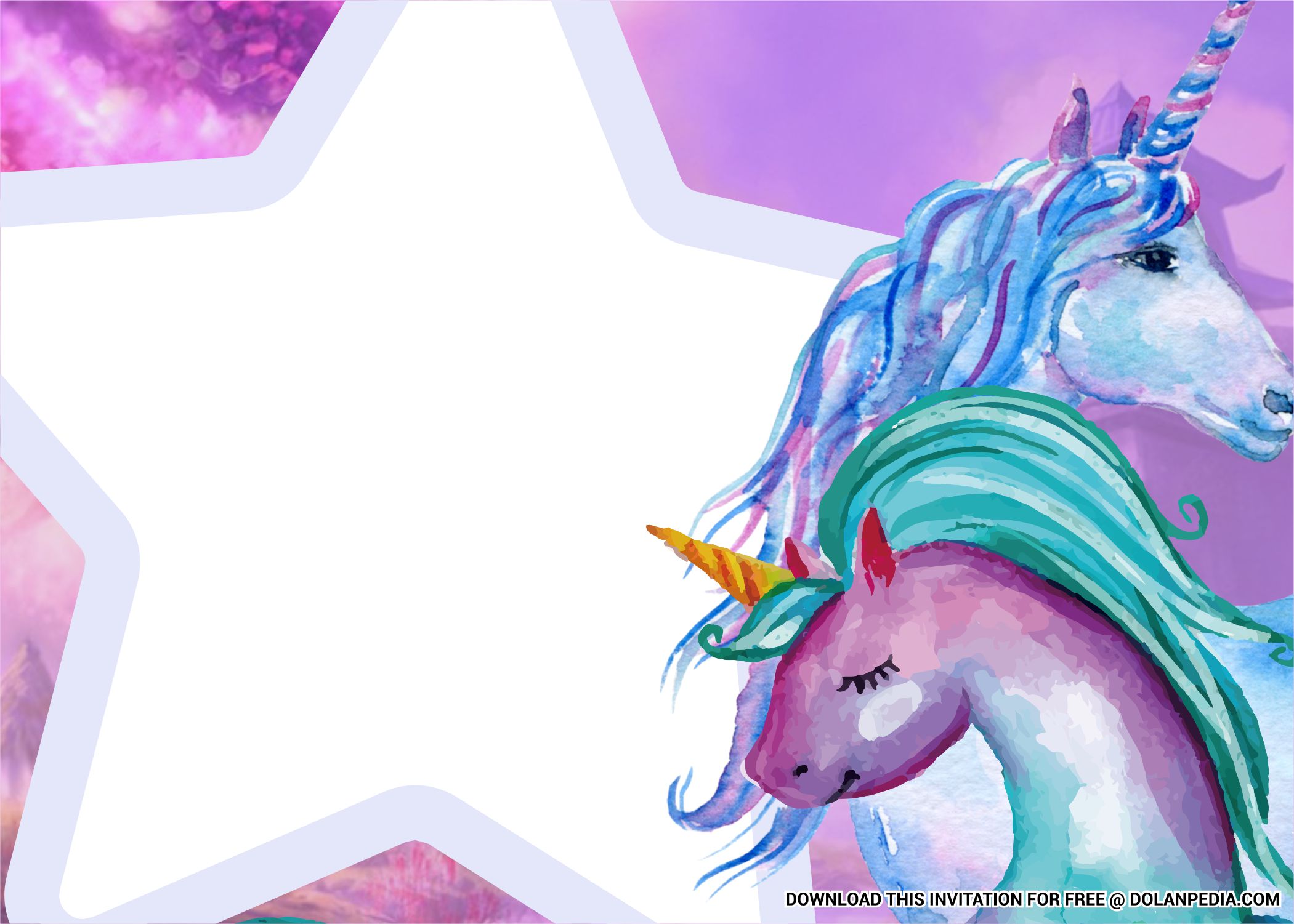 Free Printable Golden Unicorn Templates With Glowing Stars and Purple Hair