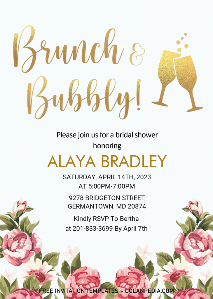 Gold Brunch And Bubbly Invitation Templates - Editable With MS Word and has blush pink flowers