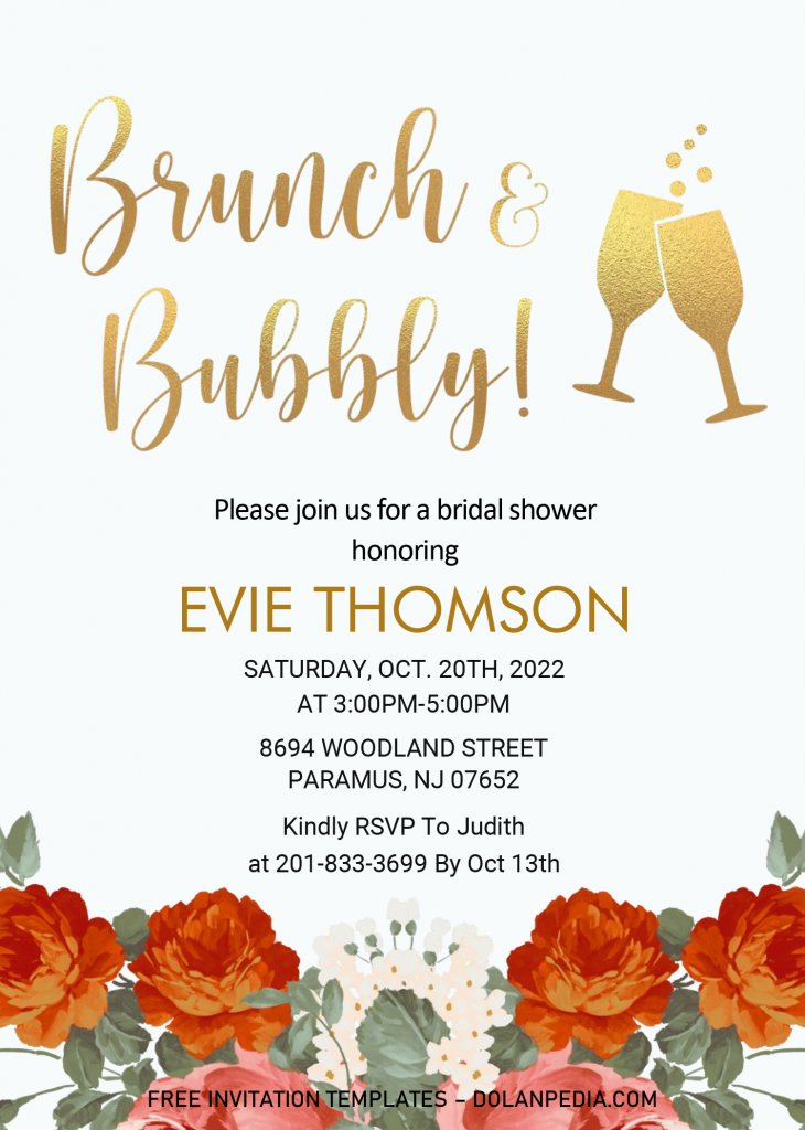 Gold Brunch And Bubbly Invitation Templates - Editable With MS Word and has red roses
