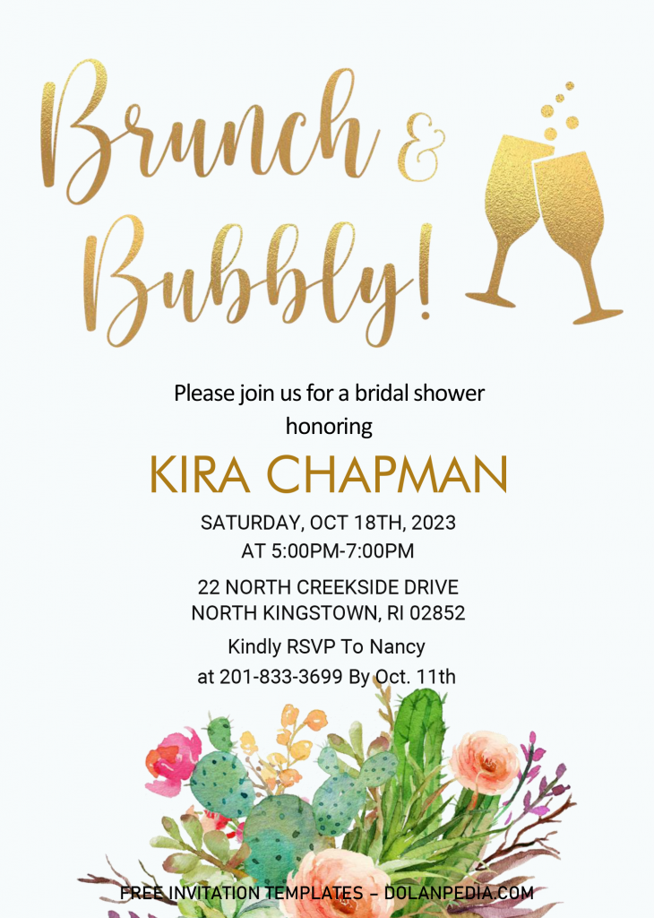Gold Brunch And Bubbly Invitation Templates - Editable With MS Word and has watercolor cactus