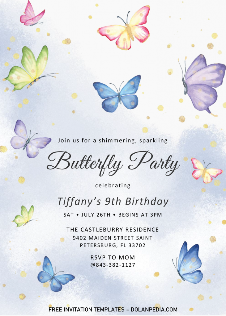Magical Butterflies Invitation Templates - Editable .Docx and has blue and pink butterflies