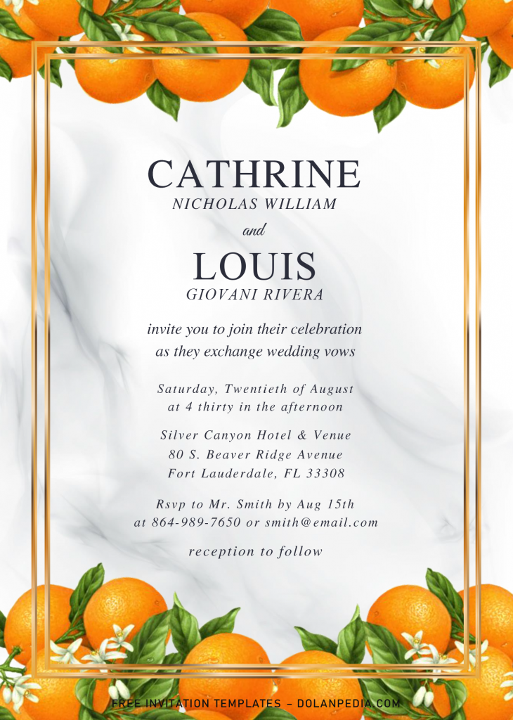Orange Blossom Invitation Templates - Editable .Docx and has white marble background