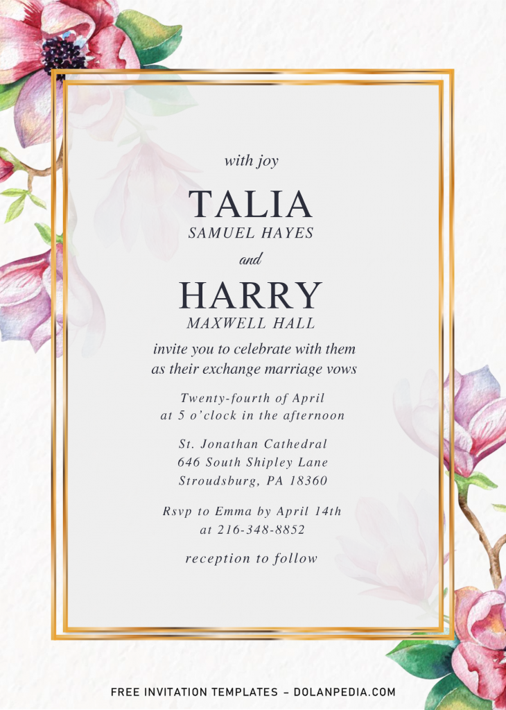 Elegant Orchid Invitation Templates - Editable .Docx and has gold metallic text frame