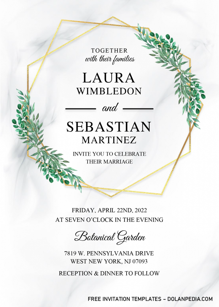 Gold Geometric Floral Invitation Templates - Editable With Microsoft Word and has green eucalyptus