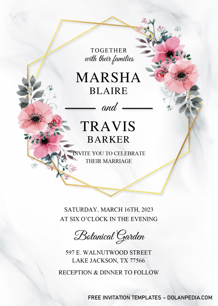 Gold Geometric Floral Invitation Templates - Editable With Microsoft Word and has blush pink flowers
