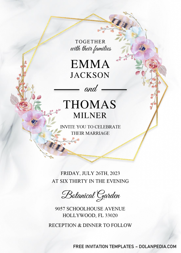 Gold Geometric Floral Invitation Templates - Editable With Microsoft Word and has white marble background