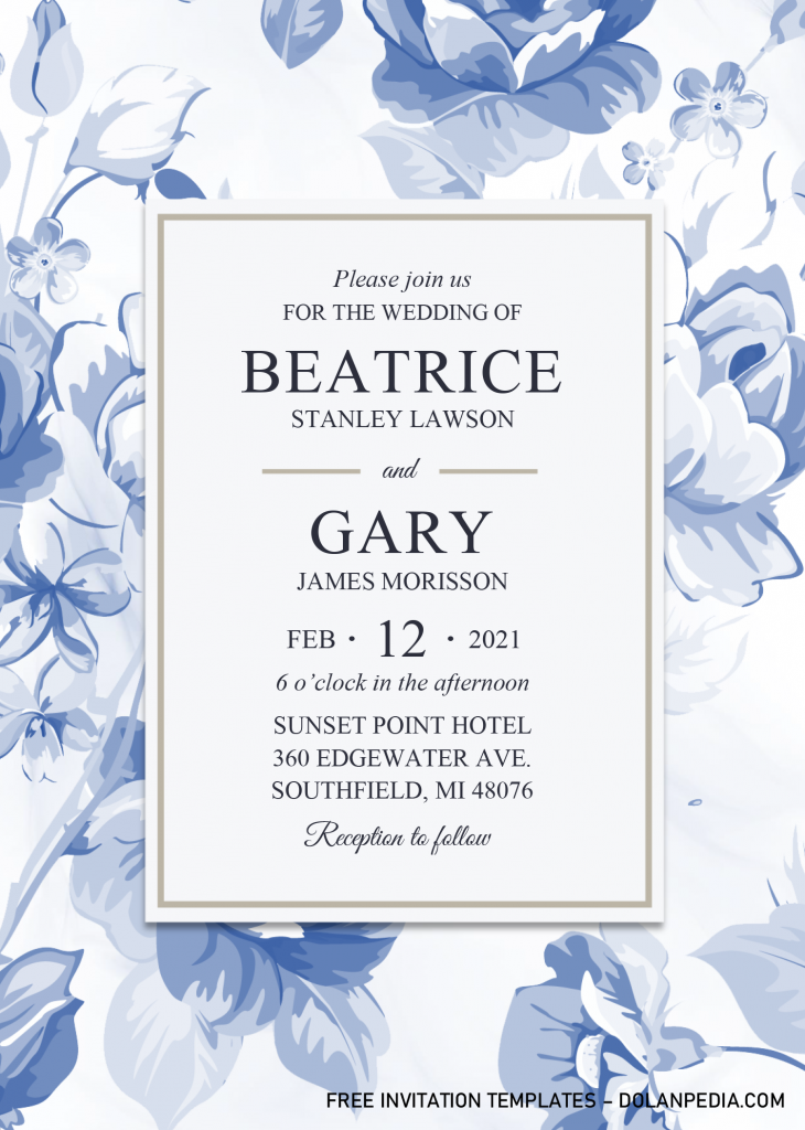Modern Blue Invitation Templates - Editable With Microsoft Word and has white and blue marble background