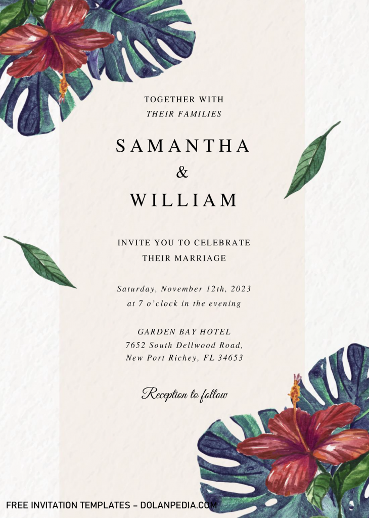 Modern Tropical Invitation Templates - Editable With MS Word and has exotic Monstera leaf and leaves