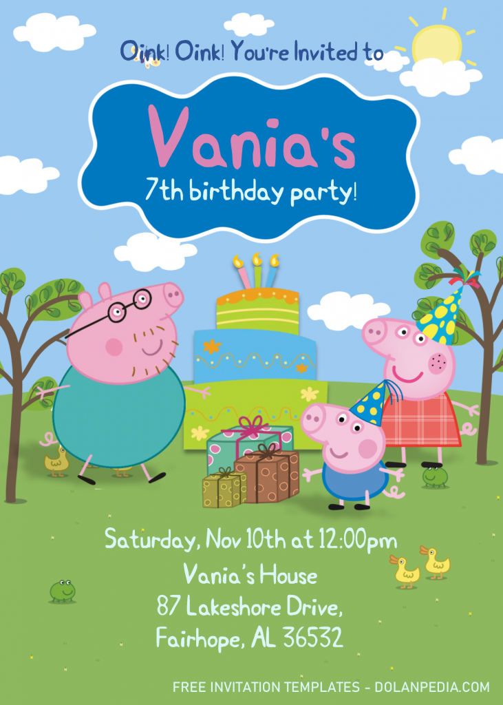 Peppa Pig Invitation Templates - Editable .Docx and has blue sky and fluffy clouds
