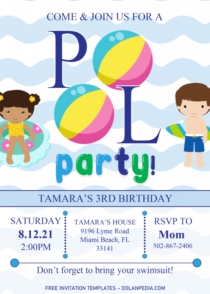 Pool Party Invitation Templates - Editable .Docx and has cute kids 