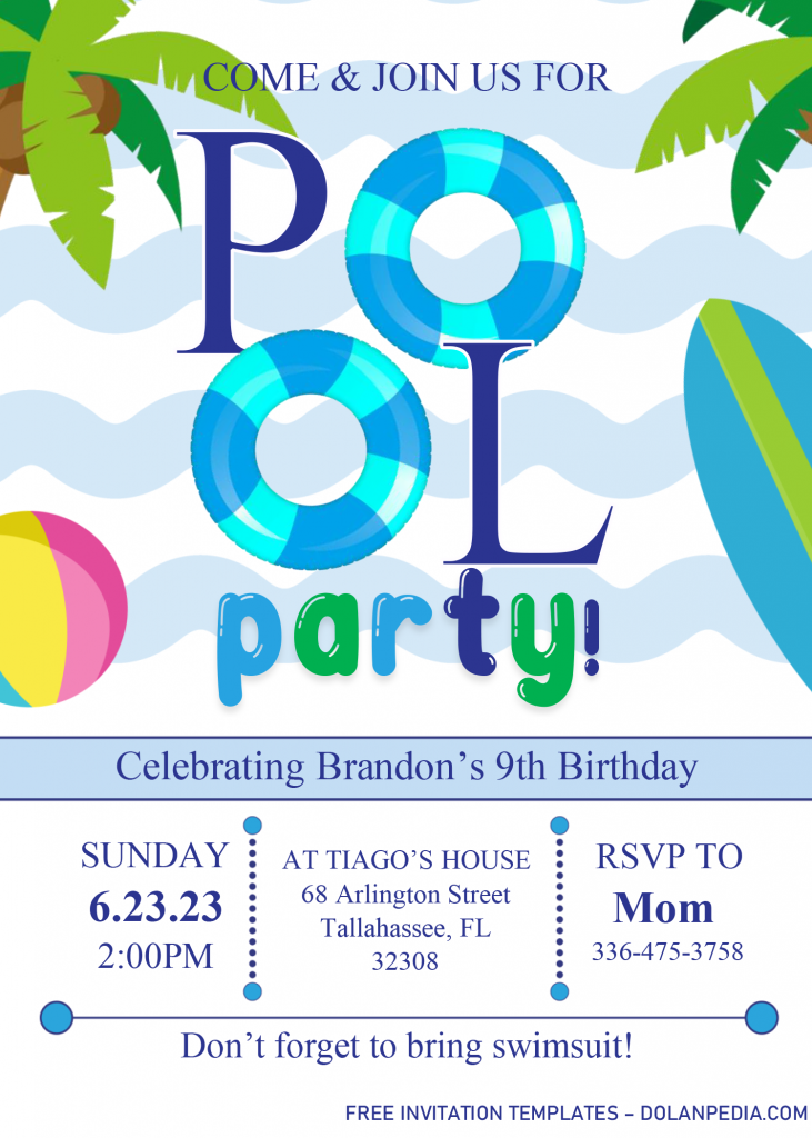 Pool Party Invitation Templates - Editable .Docx and has tropical tree and surf board