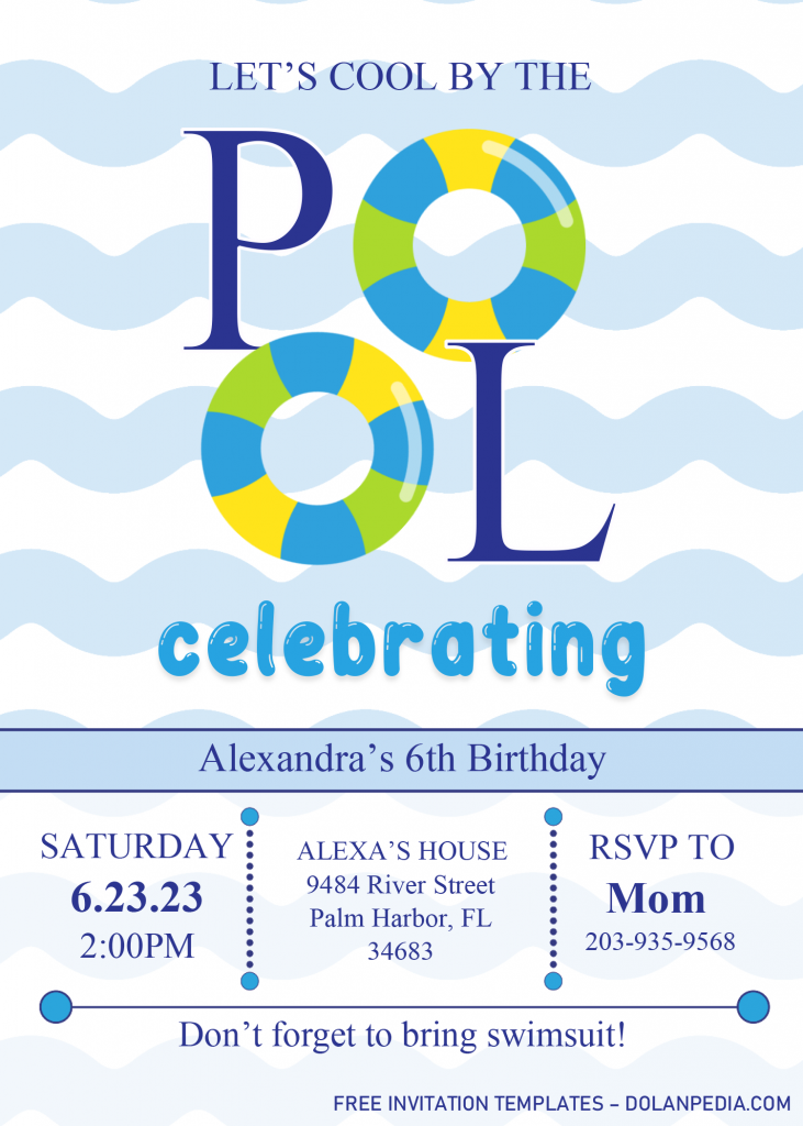 Pool Party Invitation Templates - Editable .Docx and has blue wave pattern