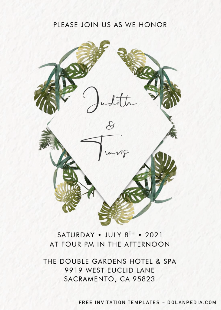 Classy Tropical Invitation Templates - Editable .Docx and has green monstera leaves