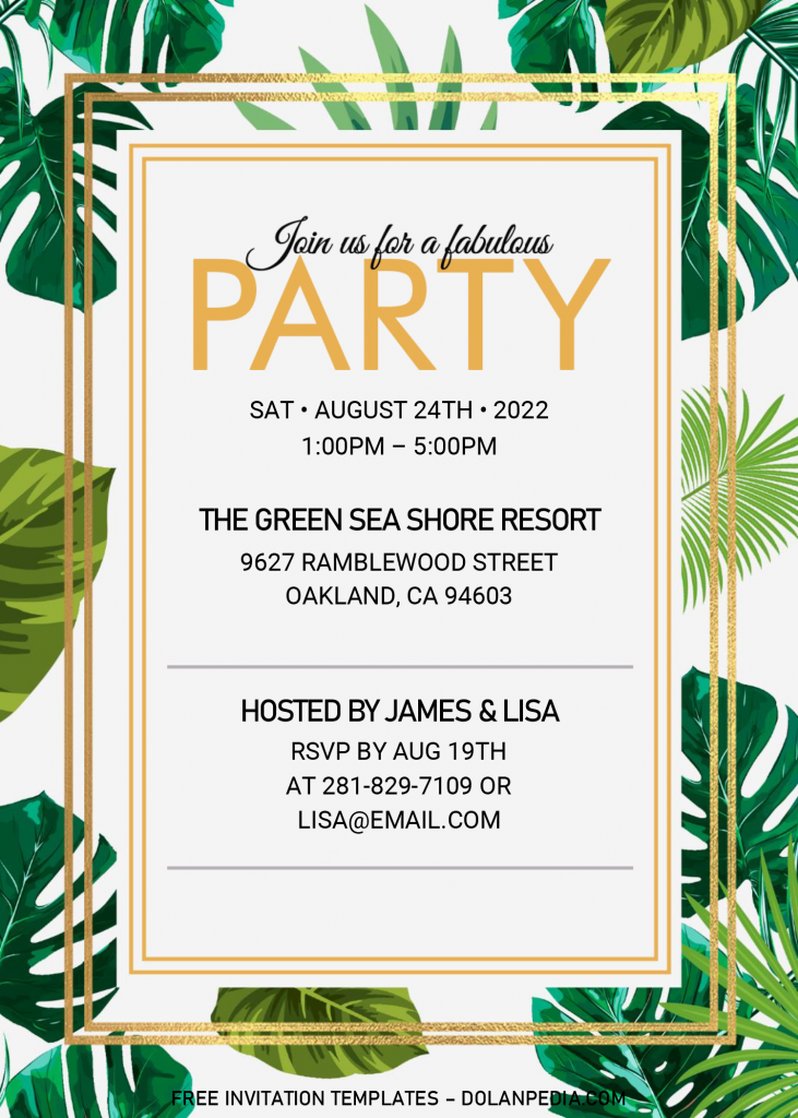 Summer Party Invitation Templates - Editable .Docx and has green monstera leaves
