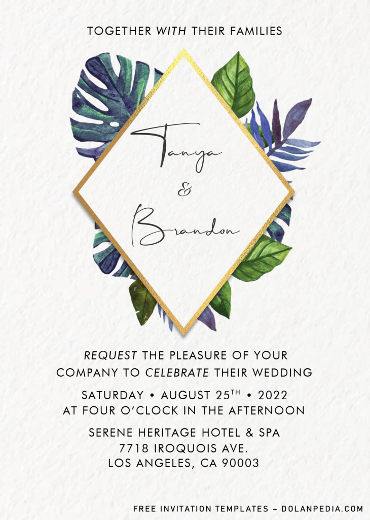 Classy Tropical Invitation Templates - Editable .Docx and has exotic green leaves