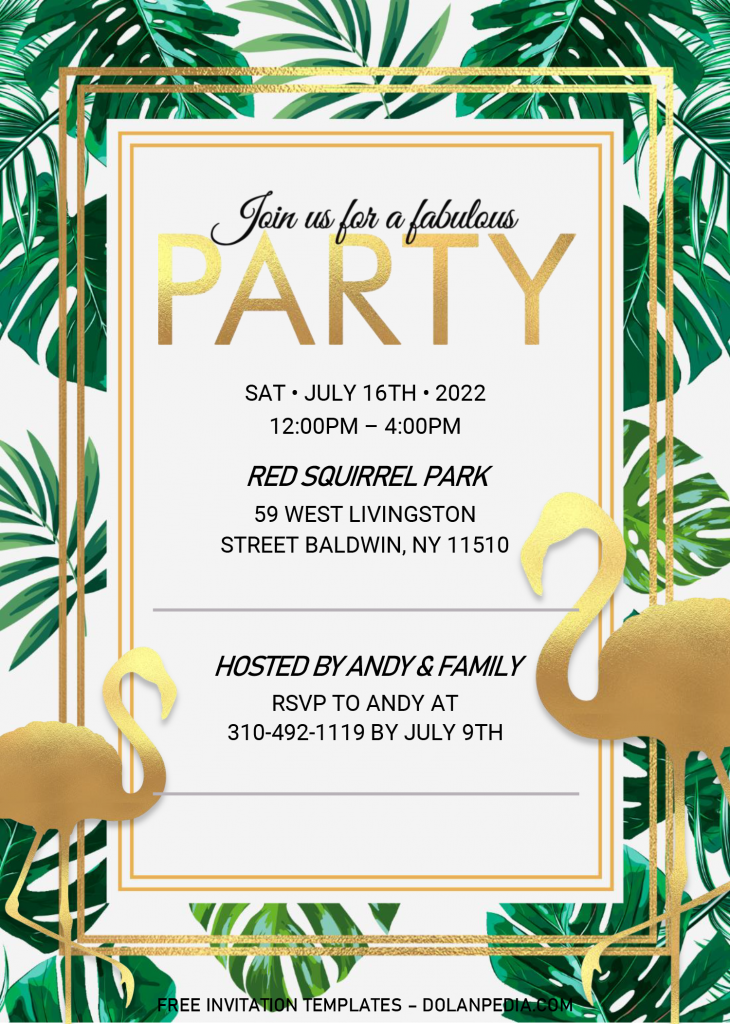 Summer Party Invitation Templates - Editable .Docx and has gold flamingo