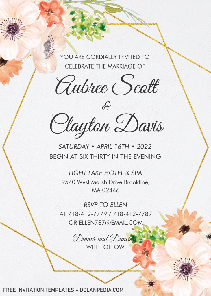 Watercolor Floral Invitation Templates - Editable With MS Word and has gold frame