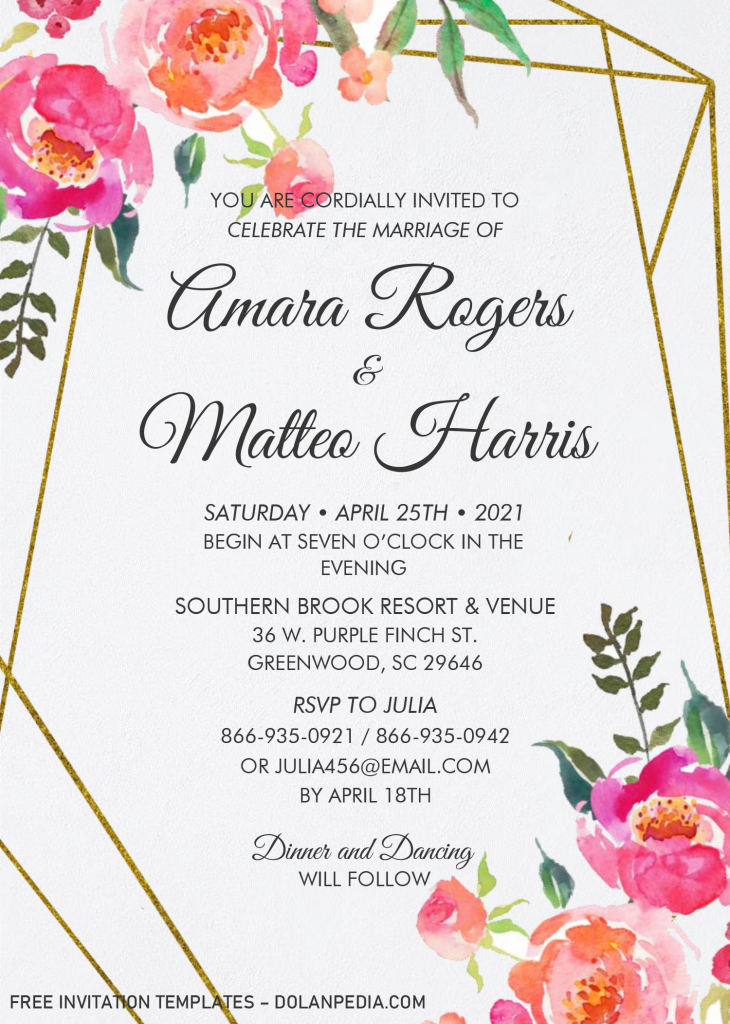Watercolor Floral Invitation Templates - Editable With MS Word and has gold geometric style text frame