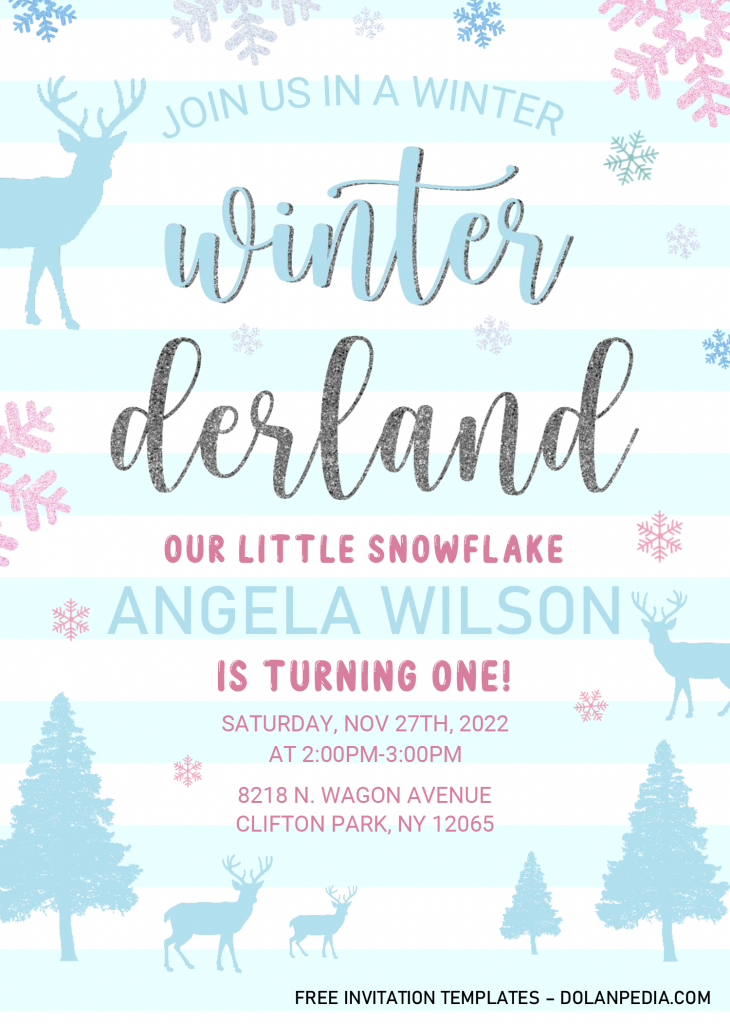 Winter Onederland Invitation Templates - Editable .Docx and has Turquoise Deer and Pine Trees