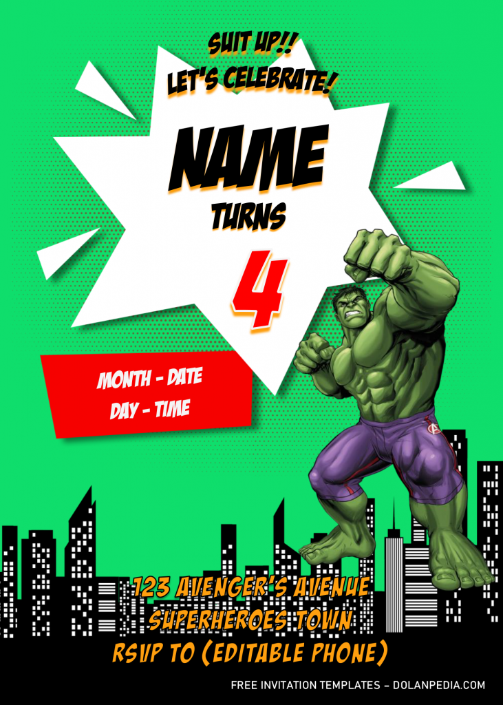 Avengers Birthday Party Invitation Templates - Editable With MS Word and has The Incredible Hulk