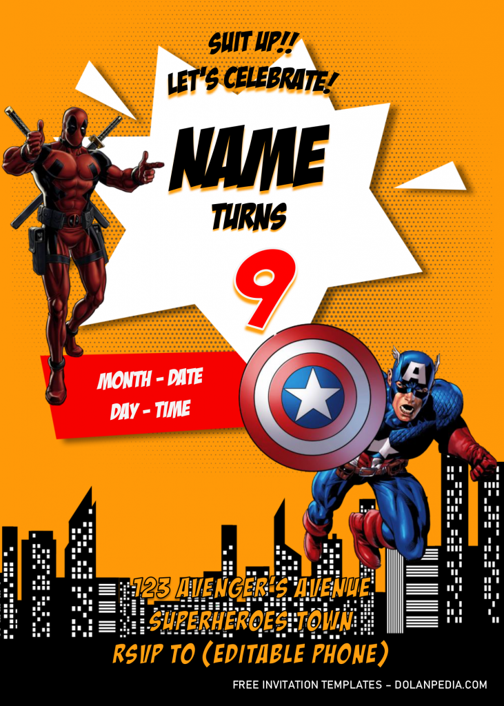 Avengers Birthday Party Invitation Templates - Editable With MS Word and has Captain America and Deadpool