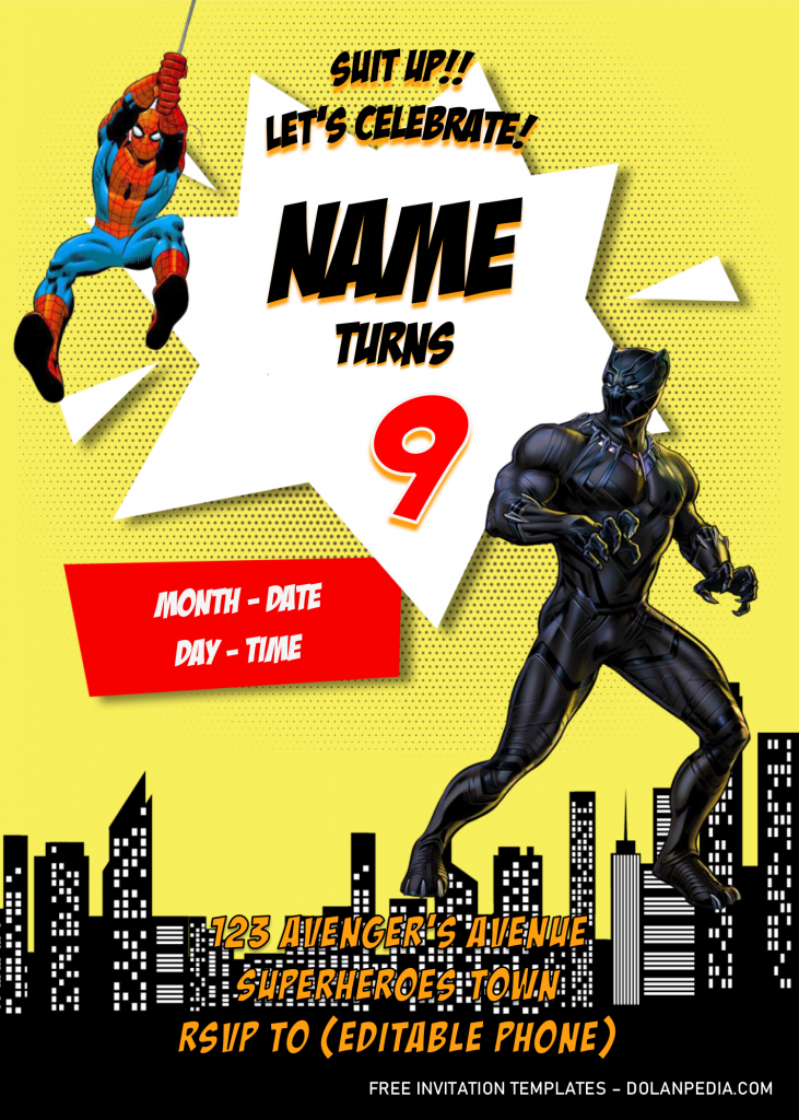 Avengers Birthday Party Invitation Templates - Editable With MS Word and has spiderman and black panther