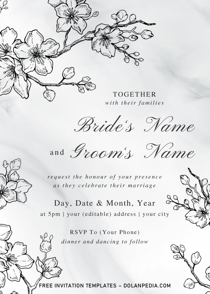 Botanical Branches Invitation Templates - Editable .Docx and has white marble background