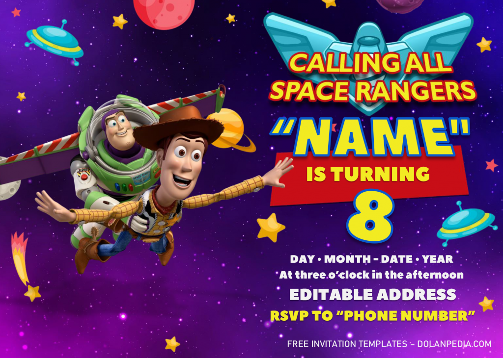 Buzz Lightyear Birthday Invitation Templates - Editable .Docx and has buzz flying with woody