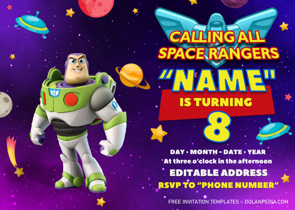 Buzz Lightyear Birthday Invitation Templates - Editable .Docx and has landscape orientation