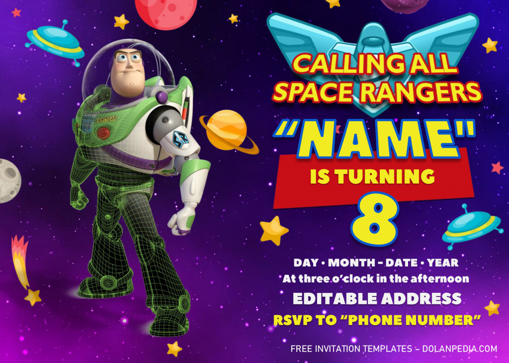 Buzz Lightyear Birthday Invitation Templates - Editable .Docx and has space galaxy background and droid buzz