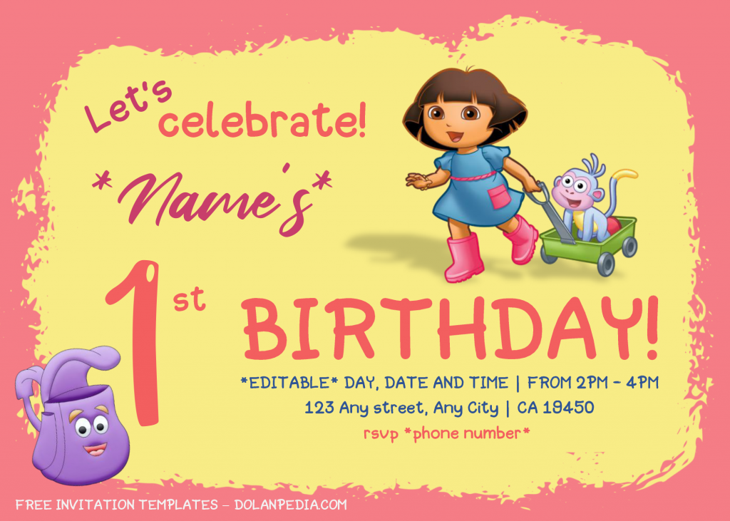 Dora The Explorer Birthday Invitation Templates - Editable With Microsoft Word and has backpack and landscape design
