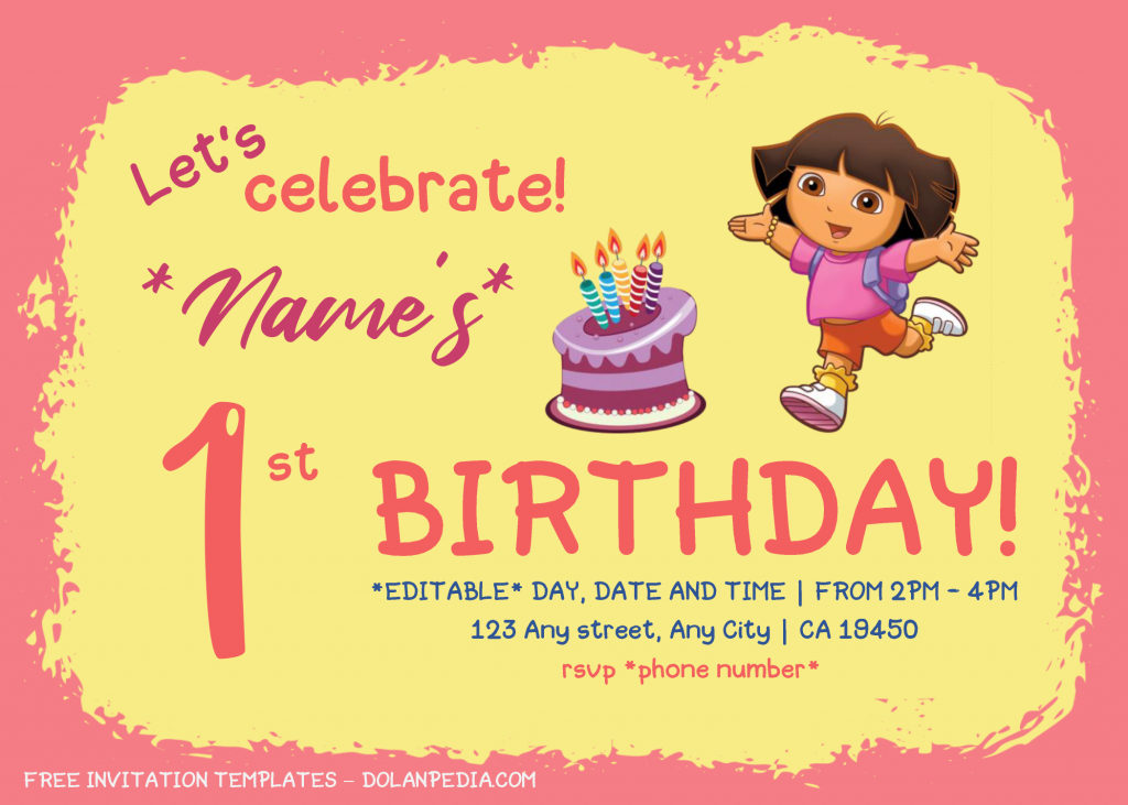 Dora The Explorer Birthday Invitation Templates - Editable With Microsoft Word and has birthday cake