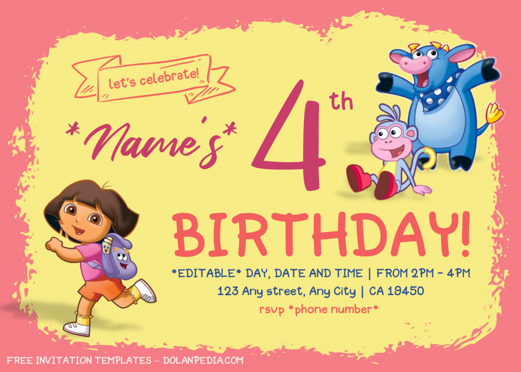 Dora The Explorer Birthday Invitation Templates - Editable With Microsoft Word and has bennie and boots