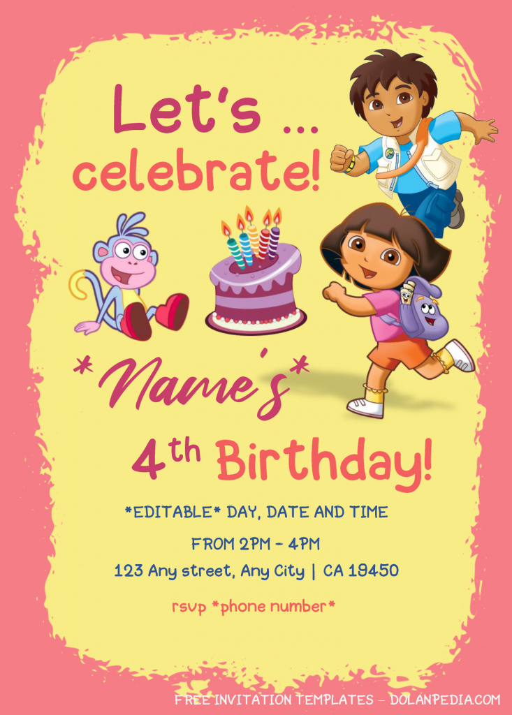 Dora The Explorer Birthday Invitation Templates - Editable With Microsoft Word and has diego and portrait design