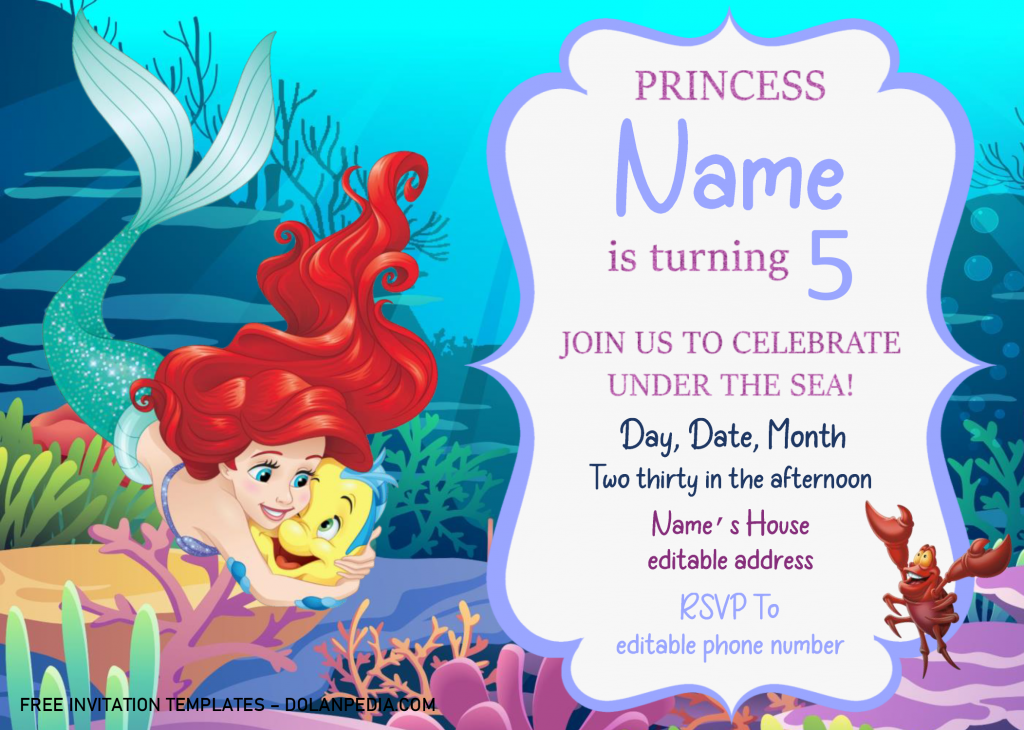 Little Mermaid Birthday Invitation Templates - Editable .Docx and has ariel and flounder