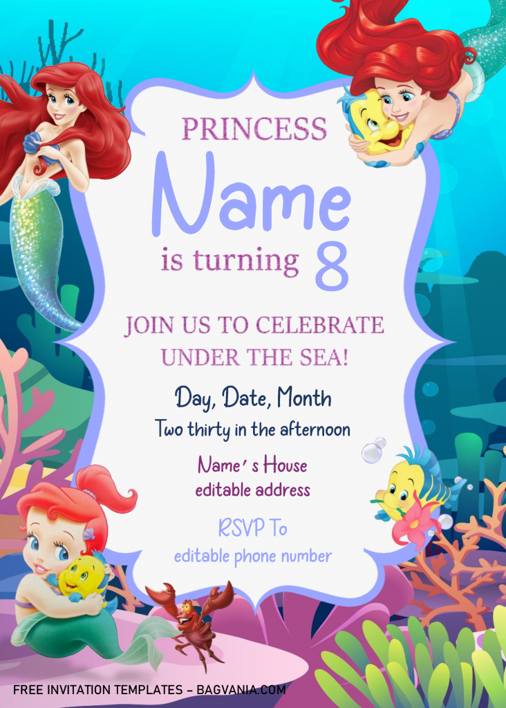 Little Mermaid Birthday Invitation Templates - Editable .Docx and has portrait design