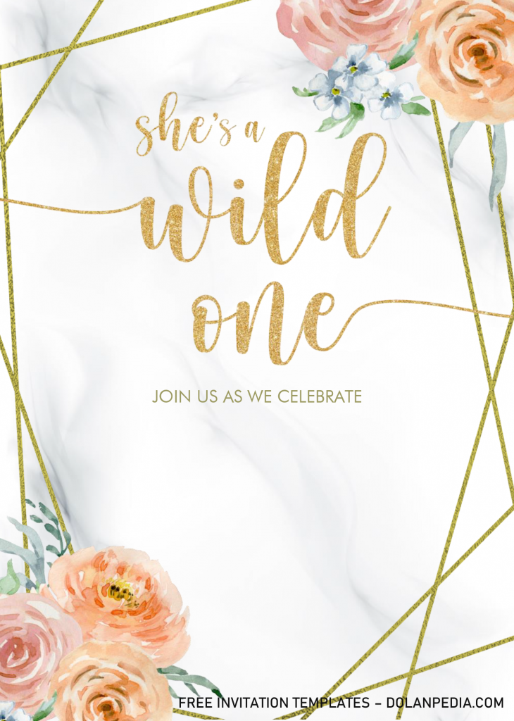 Wild One Floral Invitation Templates - Editable With MS Word and has gold geometric frame