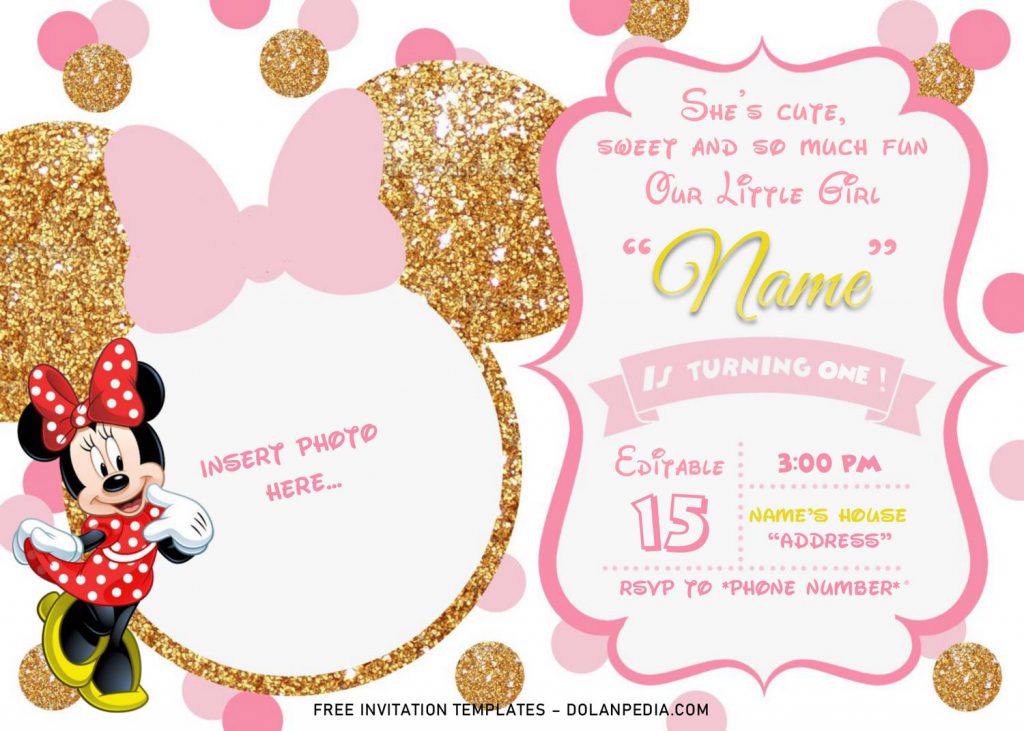 Pink And Gold Glitter Minnie Mouse Baby Shower Invitation Templates - Editable .Docx and has Pink and Gold Glitter Polka dot background