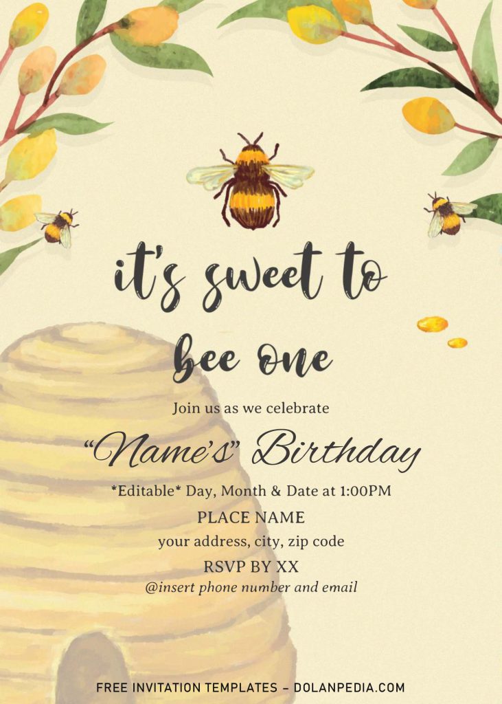 First Bee Day Birthday Invitation Templates - Editable .Docx and has portrait orientation card