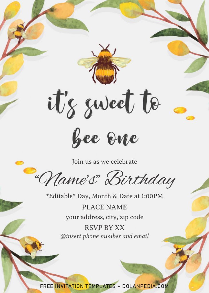 First Bee Day Birthday Invitation Templates - Editable .Docx and has portrait design