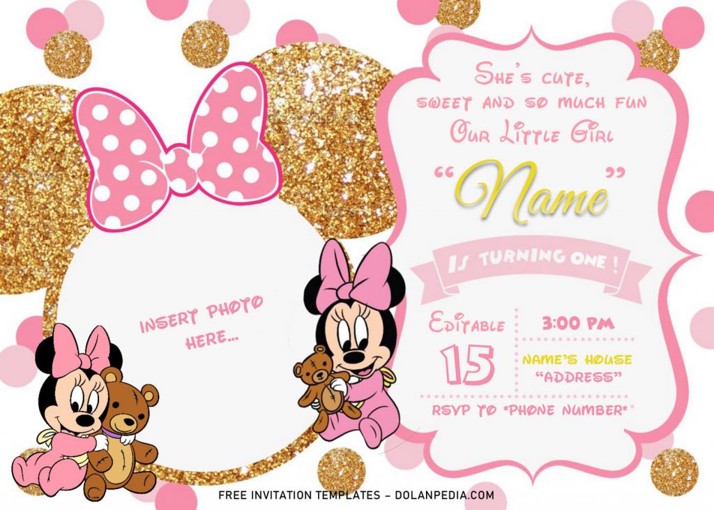 Pink And Gold Glitter Minnie Mouse Baby Shower Invitation Templates - Editable .Docx and has Minnie holding her favorite teddy bear doll