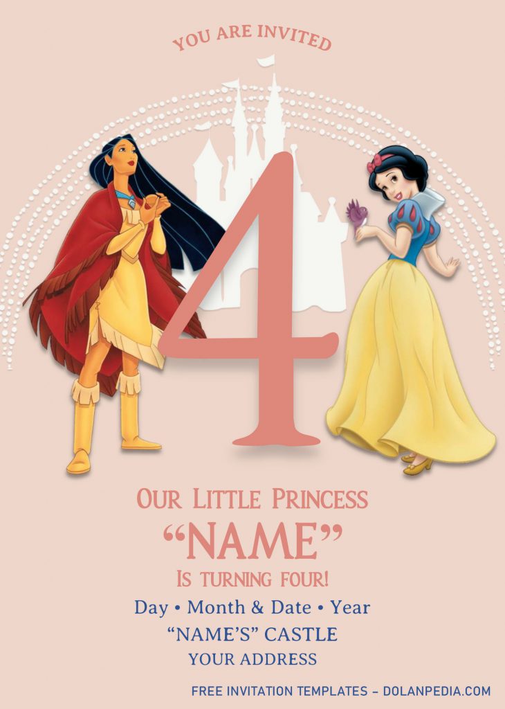 Disney Princess Birthday Invitation Templates - Editable With MS Word and has white castle and portrait design
