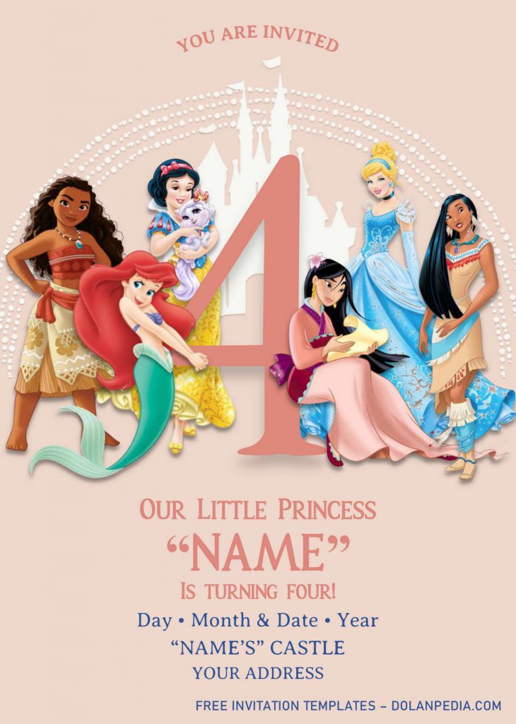 Disney Princess Birthday Invitation Templates - Editable With MS Word and has Ariel the little mermaid and mula