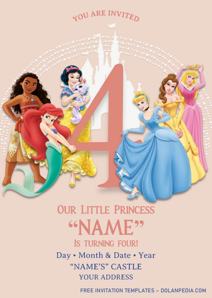 Disney Princess Birthday Invitation Templates - Editable With MS Word and has pink background