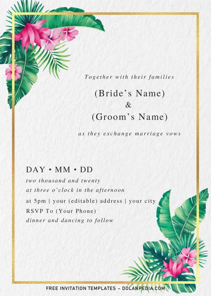 Modern Tropical Wedding Invitation Templates - Editable With MS Word and has portrait orientation design and canvas style background