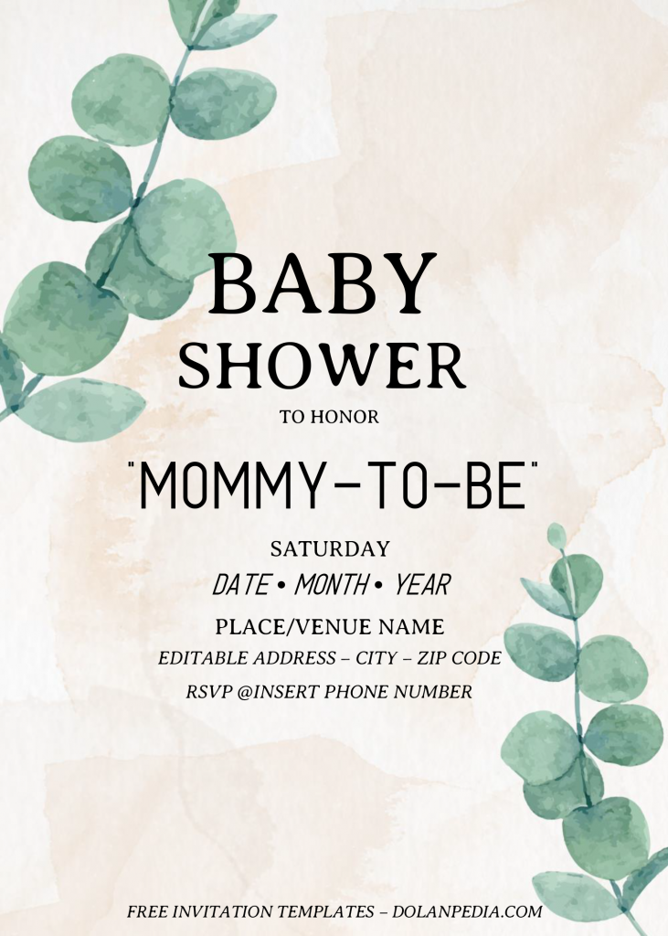 Eucalyptus Baby Shower Invitation Templates - Editable .Docx and has modern style