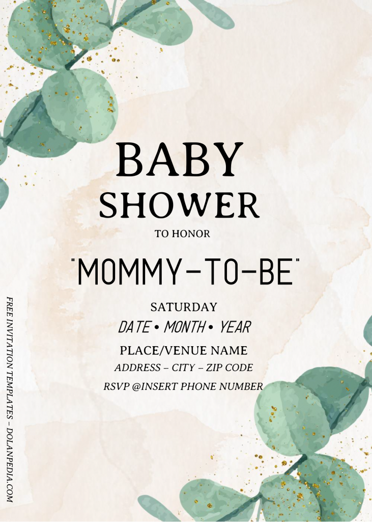 Eucalyptus Baby Shower Invitation Templates - Editable .Docx and has green eucalyptus